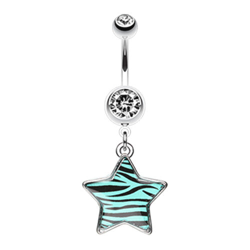 A Zebra Star Dangle Belly Button Ring made of surgical steel