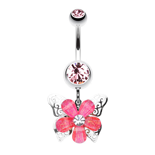 Stainless steel navel rings featuring a butterfly-shaped dangle with pink cubic zirconia gems