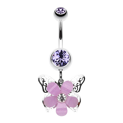 Surgical stainless steel belly ring featuring a dangling butterfly charm with purple cubic zirconia gems