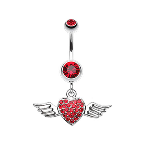 A red gemstone heart belly button ring with silver angel wings.