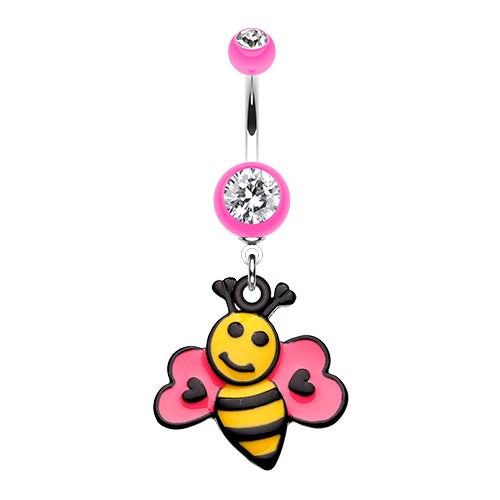 NE293 surgical steel belly ring featuring a dangling enamel bee charm