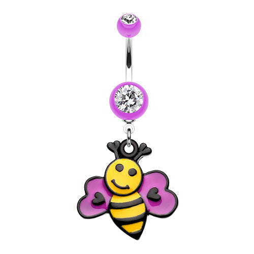 A belly ring with a smiling bee acrylic decoration, primarily in purple and black colors.