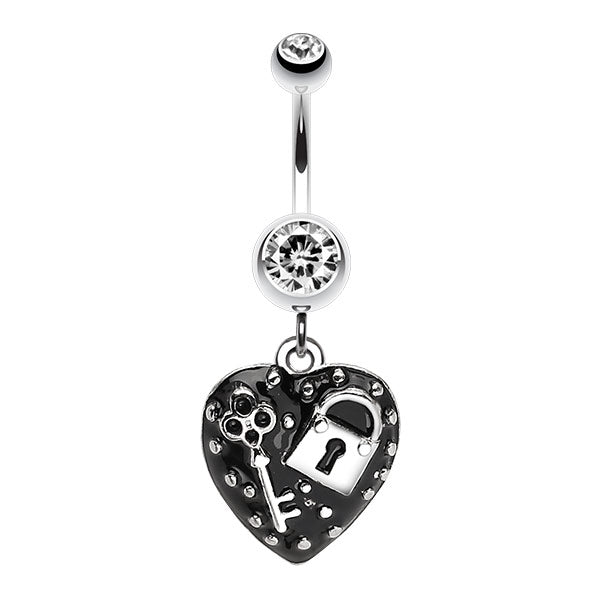 a 316L surgical stainless steel belly ring featuring a black enameled heart charm with a lock and key design