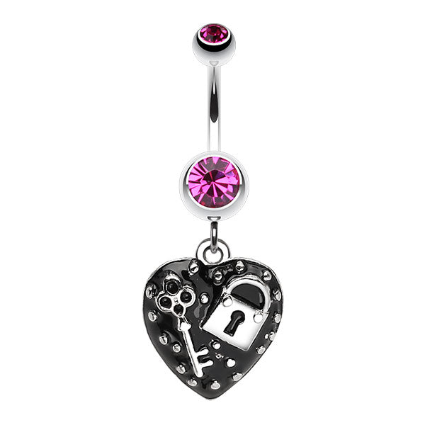a 316L surgical stainless steel belly ring featuring a black enameled heart charm with a lock and key design