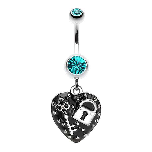 A stainless steel navel belly ring featuring a blue crystal-accented lock and key heart charm.