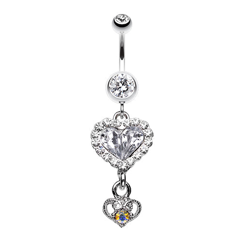 316L surgical steel dangling heart navel ring adorned with cubic zirconia crystals