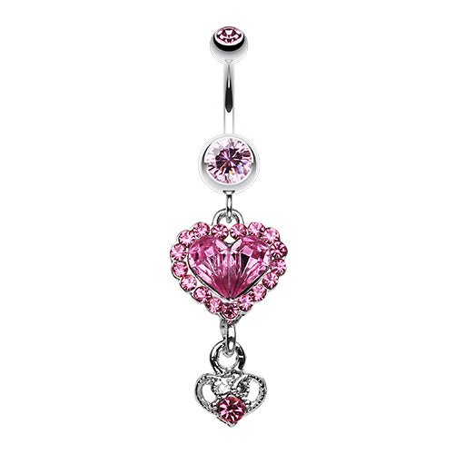Pink heart-shaped crystal belly button rings dangling with surgical steel