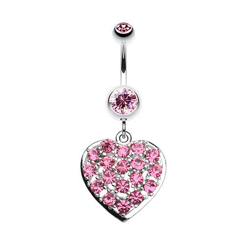 A stainless steel light pink shimmering heart dangle belly button ring