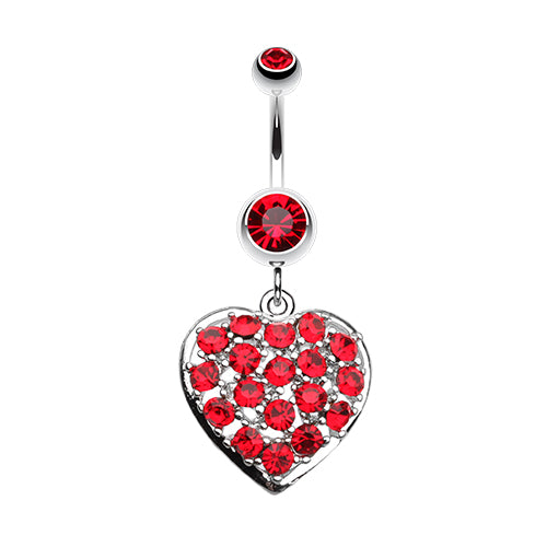 A stainless steel light pink shimmering heart dangle belly button ring