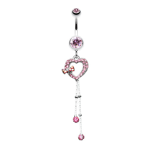 G23 titanium pink zircon flower belly button rings with drop chains and surgical steel heart charm