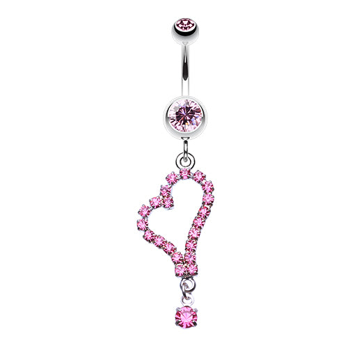 A pink zircon heart drop belly button ring with a curved barbell.