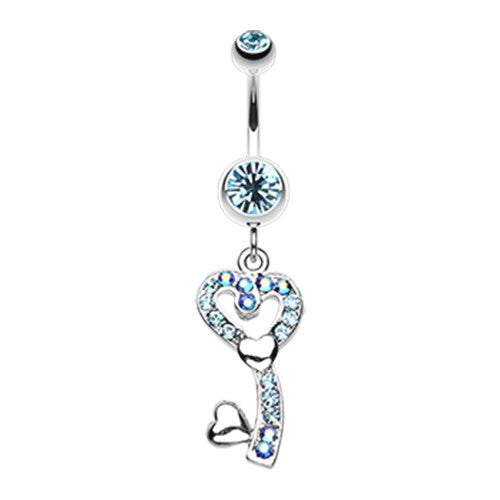 A pink surgical steel belly button rings with heart-shaped dangles.
