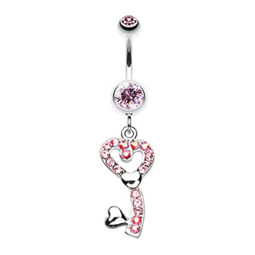 A pink surgical steel belly button rings with heart-shaped dangles.