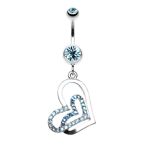 A 316L surgical steel belly ring featuring a blue crystal heart pendant.