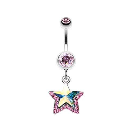 A belly ring with a silver-colored metal ring and a multicolored star-shaped design surrounded by pink cubic zirconia gems.