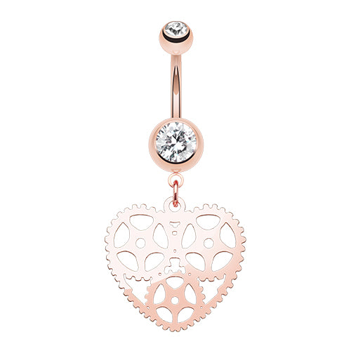 r gold plated steampunk heart belly rings featuring three rotating gears
