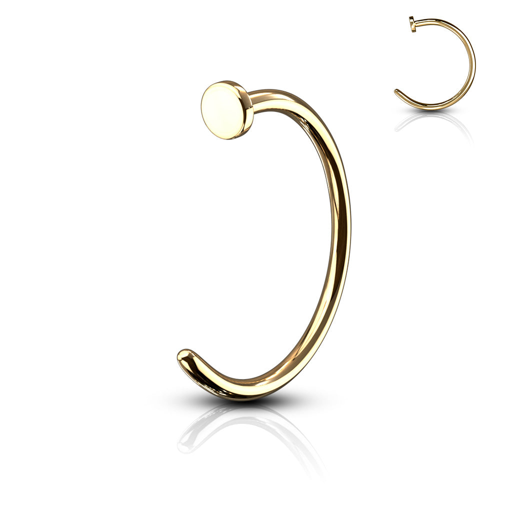 Versatile gold plated nose hoops for all nose piercings. Just insert the hoop from the inside of the nostril and feed it through and the little disk on the end keeps the hoop from sliding all the way through the nostril. The hoop stays open, so no need to "do it up" or close it in any way. Titanium-ion plating over top of 316L surgical steel.