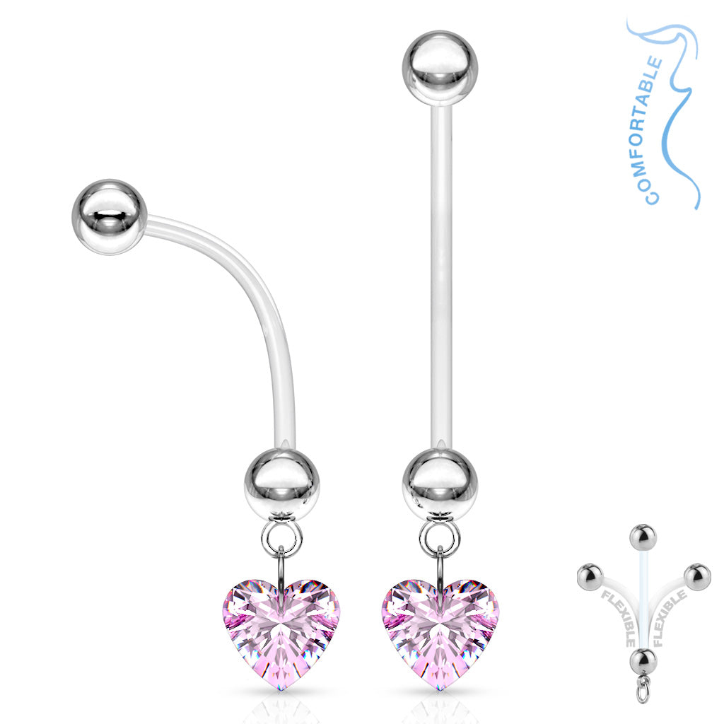 Bio belly banana with dangly pink heart gem.  Post is flexible and extra long 25mm, and can be cut to length. Externally Threaded. 