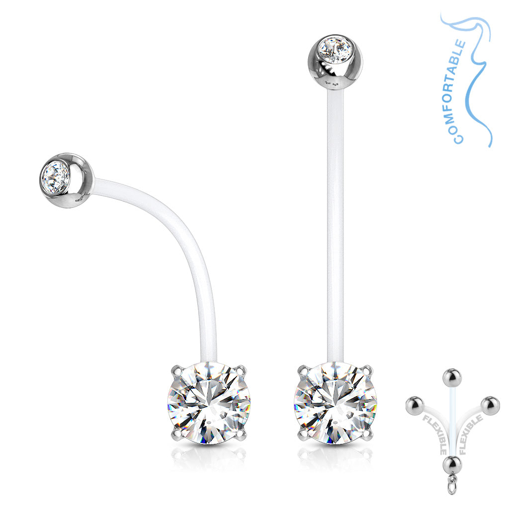Flexible belly rings made with clear Bioflex shafts, silver-colored surgical steel ends, and clear cubic zirconia gemstones.