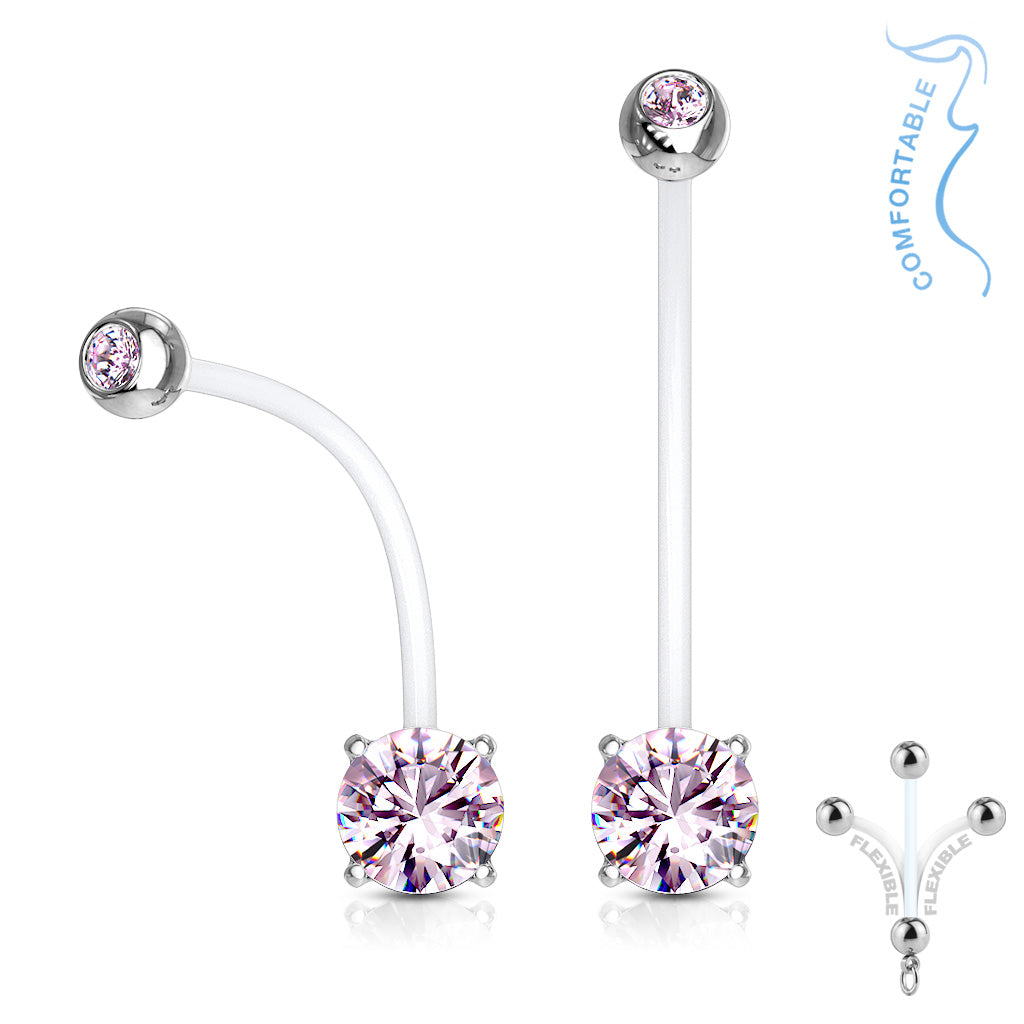 Flexible belly rings made with clear Bioflex shafts, silver-colored surgical steel ends, and pink cubic zirconia gemstones.