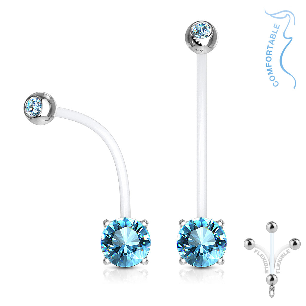 Flexible belly rings made with clear Bioflex shafts, silver-colored surgical steel ends, and blue cubic zirconia gemstones.
