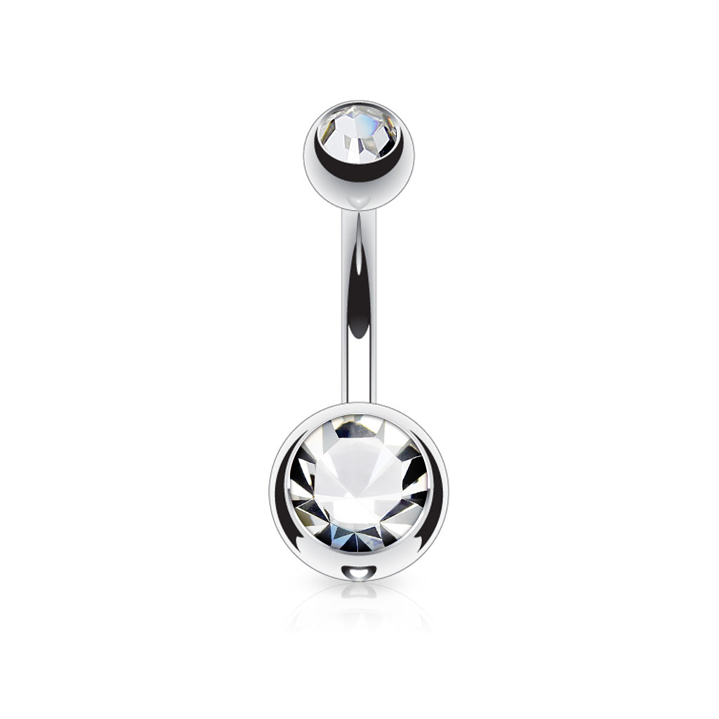 A 316L surgical steel belly ring with double clear cubic zirconia gems