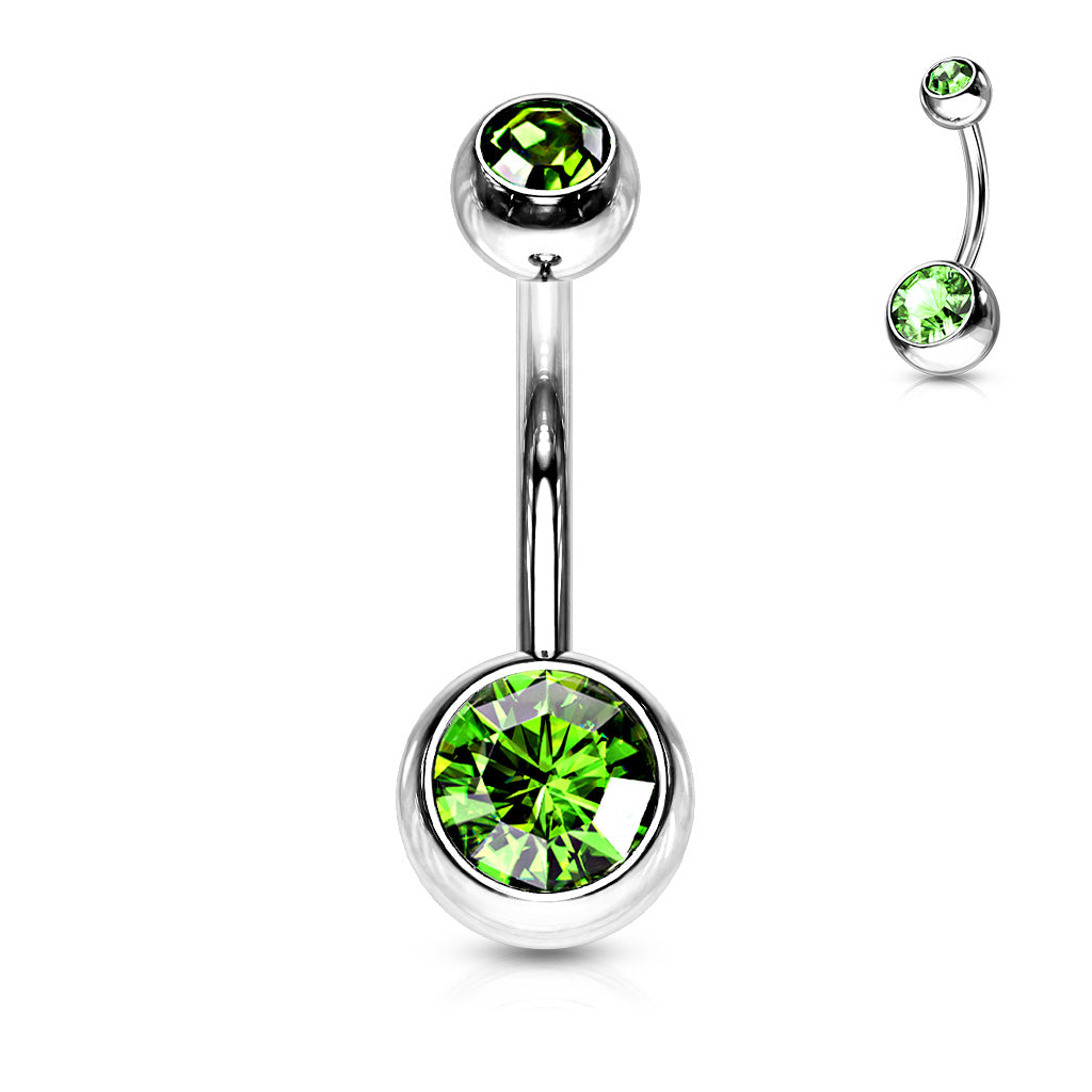 a 316L surgical steel belly ring with double green cubic zirconia gems