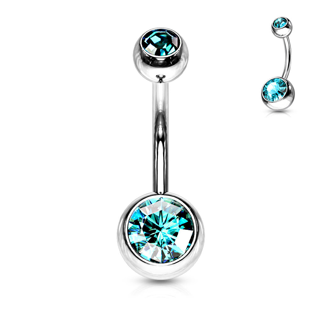 A 316L surgical steel belly ring with double blue cubic zirconia gems