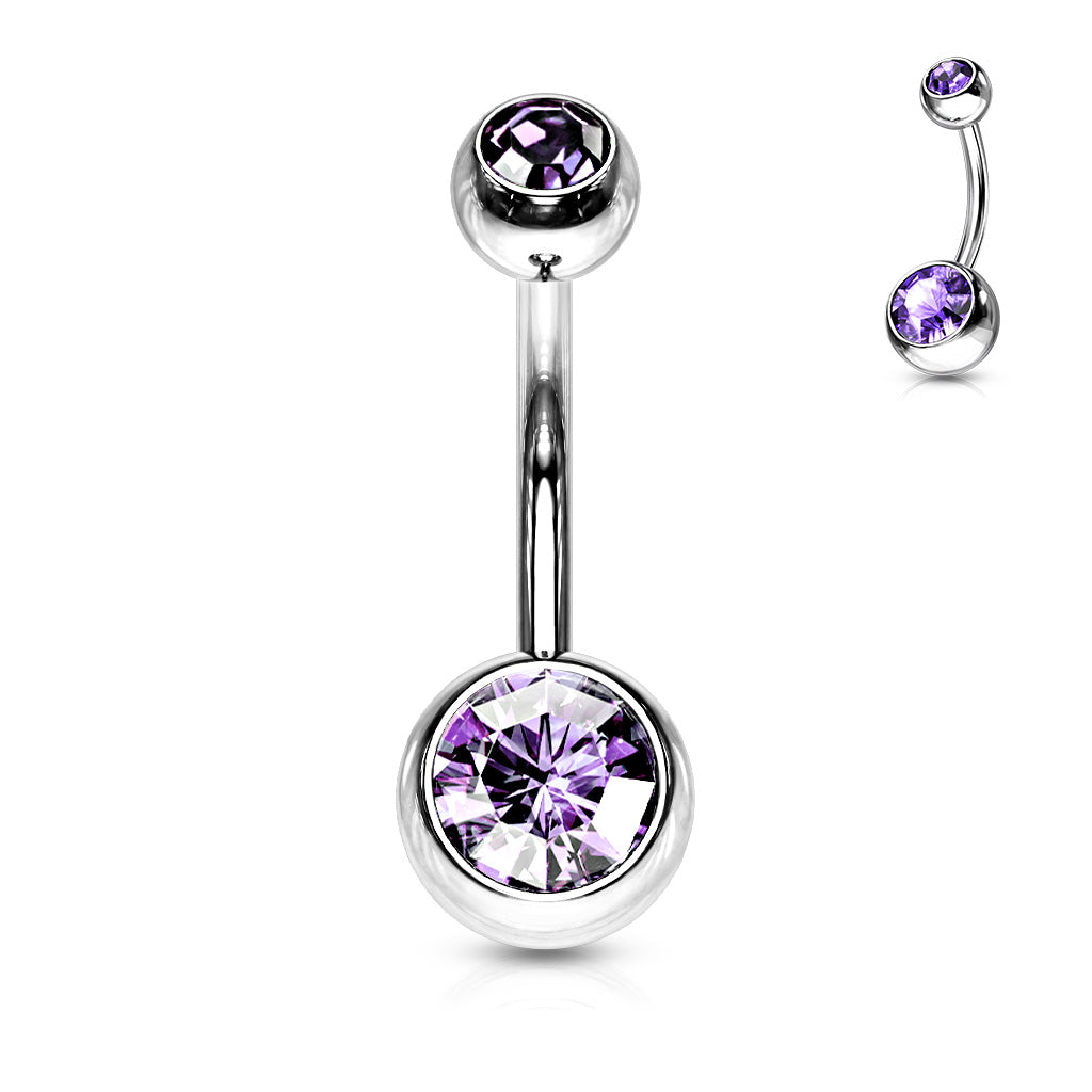 a 316L surgical steel belly ring with double purple cubic zirconia gems