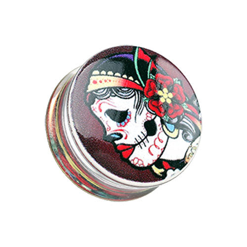 Acrylic ear tunnels with colorful sugar skull, panda, owl, and octopus designs