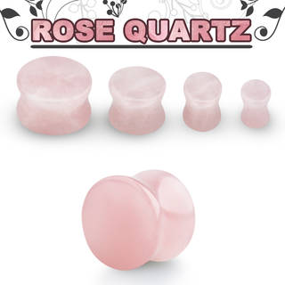 A rose quartz stone ear plugs available in double-flared styles shown in various sizes.