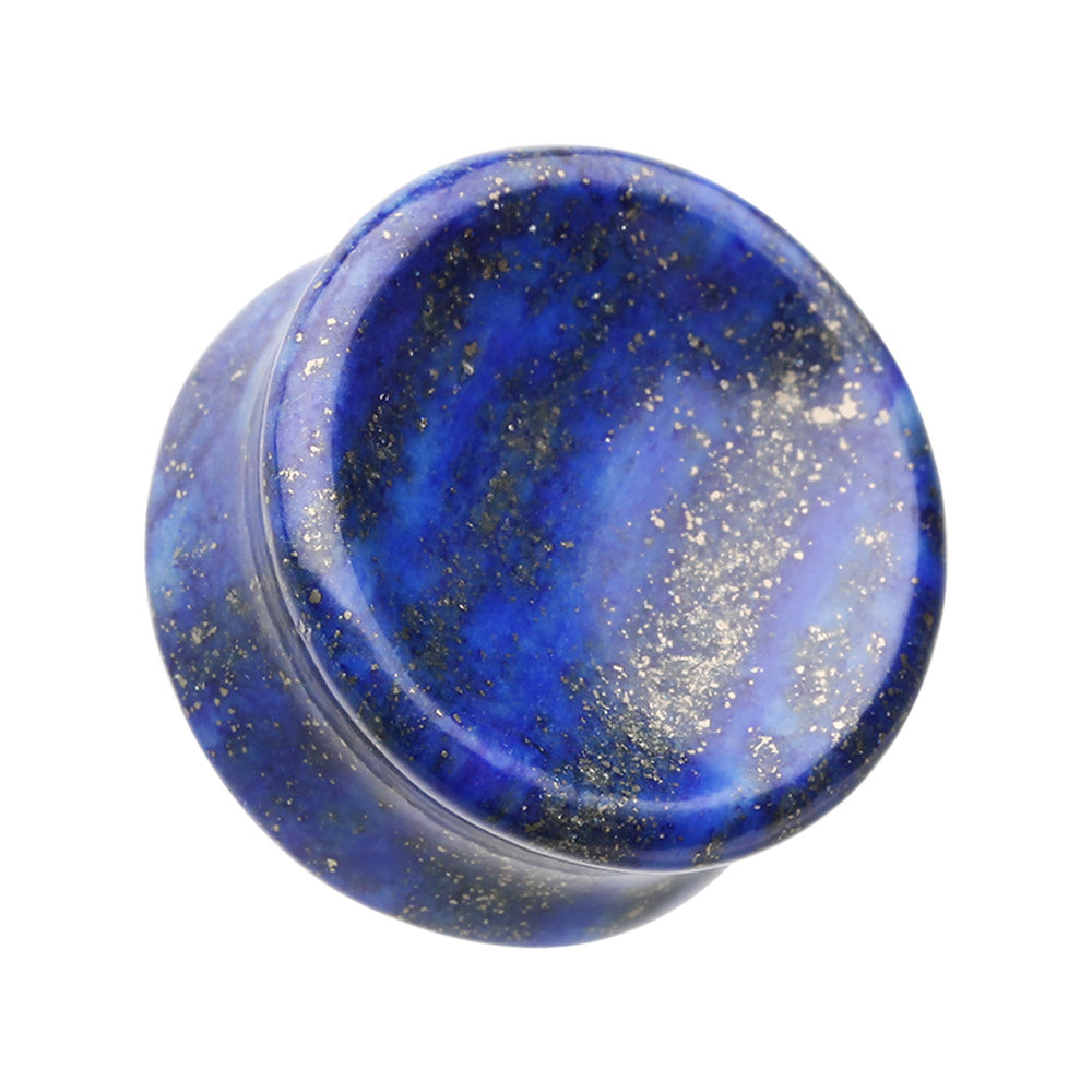 A concave double flared lapis lazuli stone ear plugs with gold flecks.