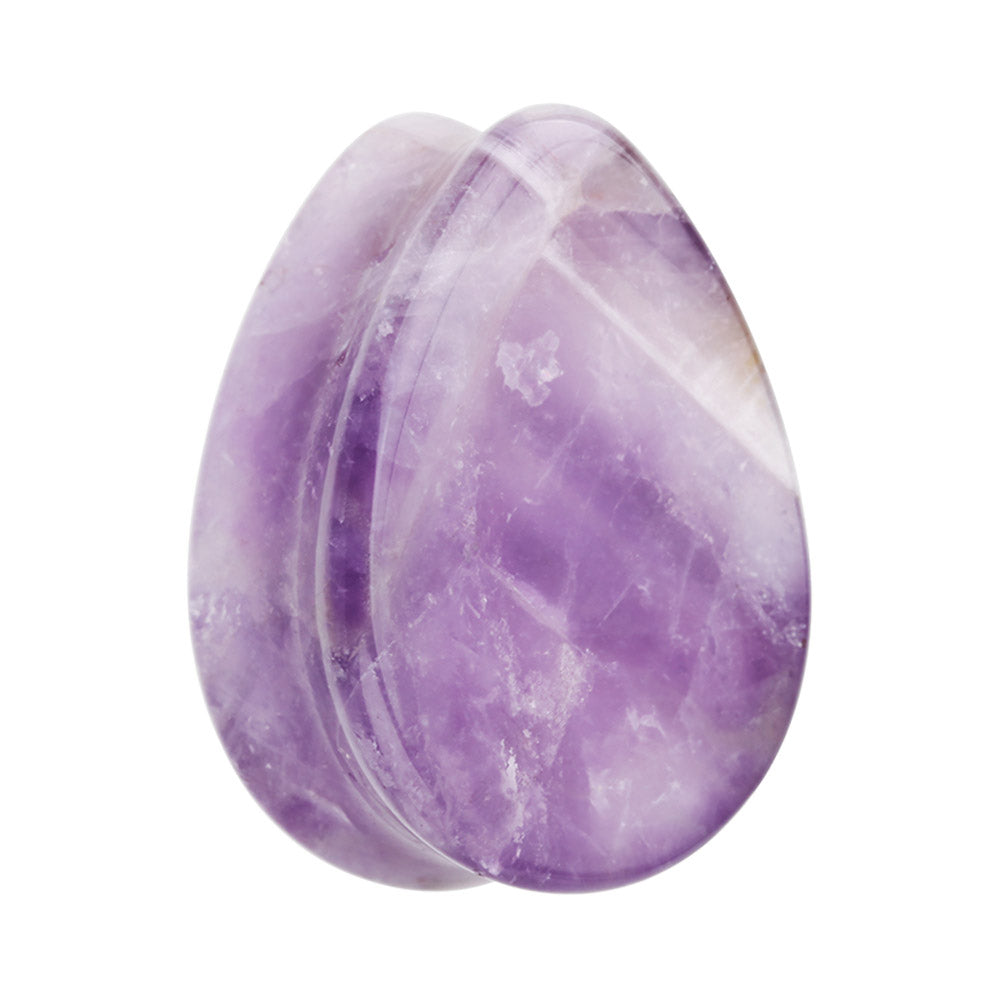 A teardrop-shaped amethyst plug with a double flared design.