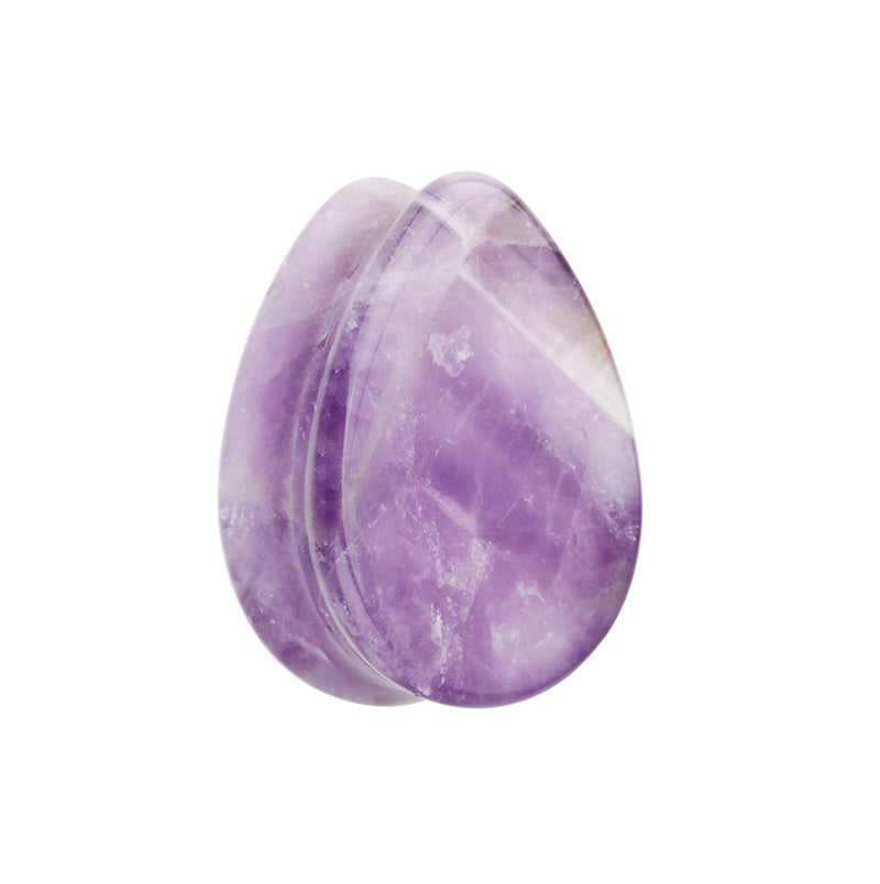 A teardrop-shaped amethyst plug with a double flared design.