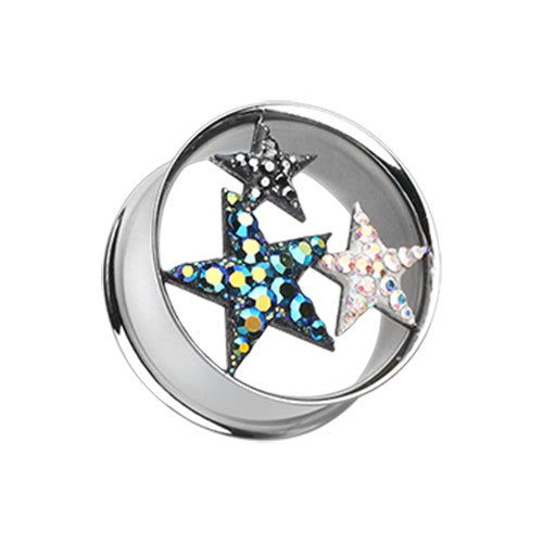 Triple Star Sparkling Tunnel Ear Gauge Plugs, typically made from 316L Surgical Stainless Steel and adorned with crystals