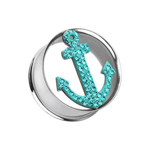 Stainless steel double flare eyelet ear plugs featuring a teal jewelled anchor design