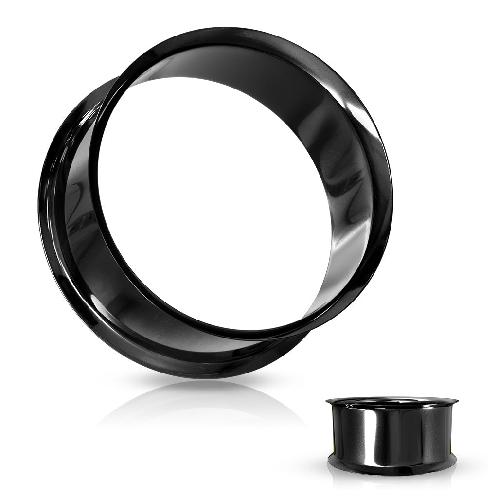 High-polish black PVD coated surgical steel double flared ear tunnels.