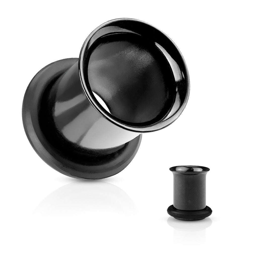 Black single flare ear tunnels made from 316L surgical steel.