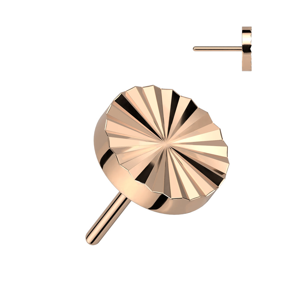 A rose gold PVD threadless titanium stud piercing top with a diamond-cut retro design.