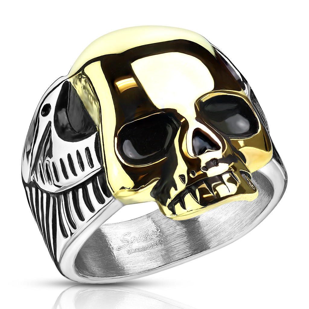 Two-tone gold titanium PVD plated stainless steel ring with a skull design