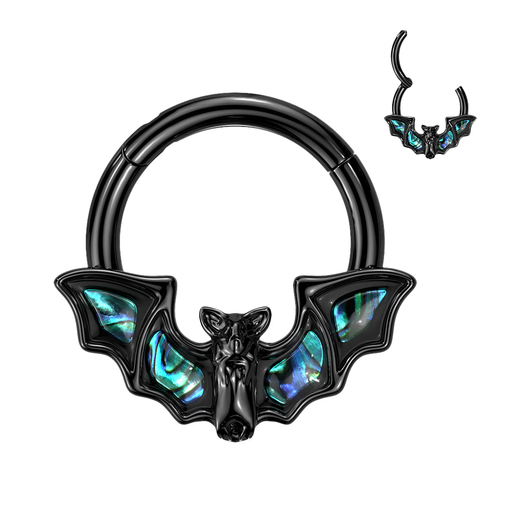 Black hinged segment ring with abalone shell bat design.  Also available in surgical steel. This segment ring is great for septum, daith, or other cartilage piercings.  16 gauge X 8mm. Segment ring is surgical steel, bat adornment is plated brass.
