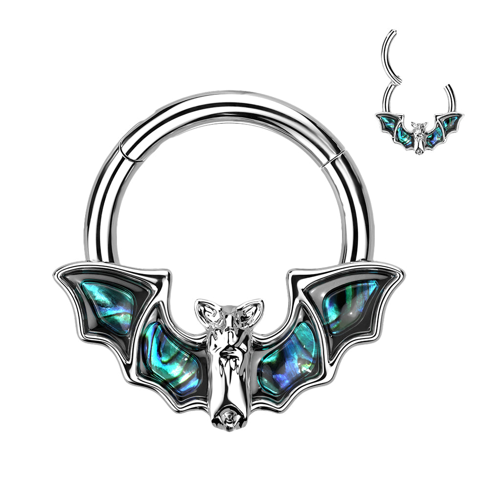 Surgical steel hinged segment ring with abalone shell bat design.  Also available in black. This segment ring is great for septum, daith, or other cartilage piercings.  16 gauge X 8mm. Segment ring is surgical steel, bat adornment is plated brass.