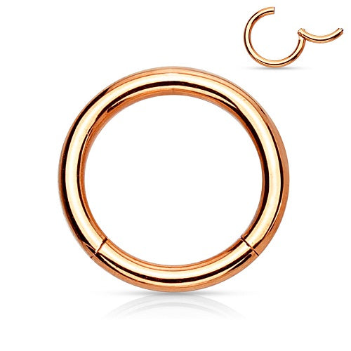 Gold hinged clicker hoop piercing, shown in both closed and open positions.