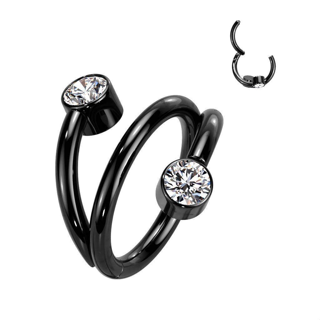 Black, titanium hinged segment ring with a triple-look hoop and 2 cubic zirconia gems. Great for septum, daith, rook, helix, tragus.  Ti-6AL4V-ELi ASTM F-136  *IMPLANT GRADE   Available in 2 different diameters, 8mm or 10mm.