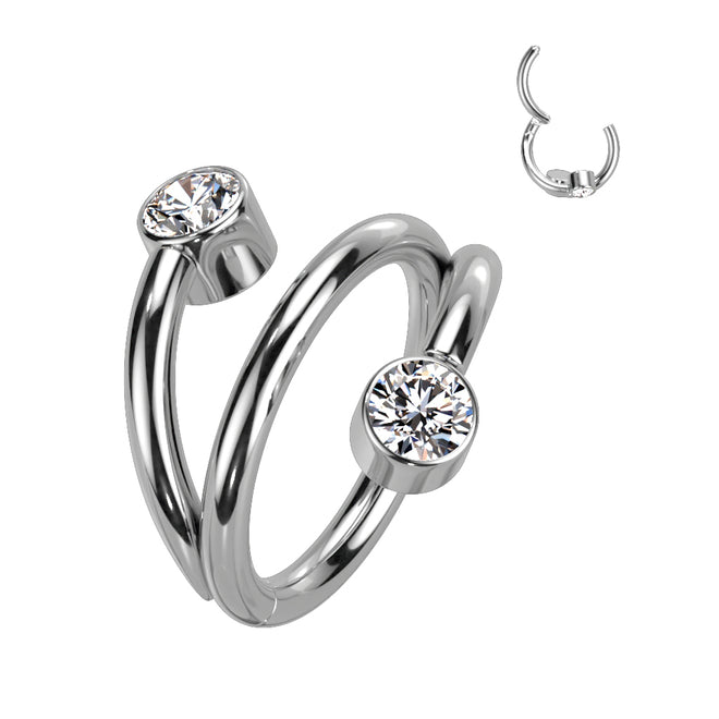 Silver, titanium hinged segment ring with a triple-look hoop and 2 cubic zirconia gems. Great for septum, daith, rook, helix, tragus.  Ti-6AL4V-ELi ASTM F-136  *IMPLANT GRADE   Available in 2 different diameters, 8mm or 10mm.