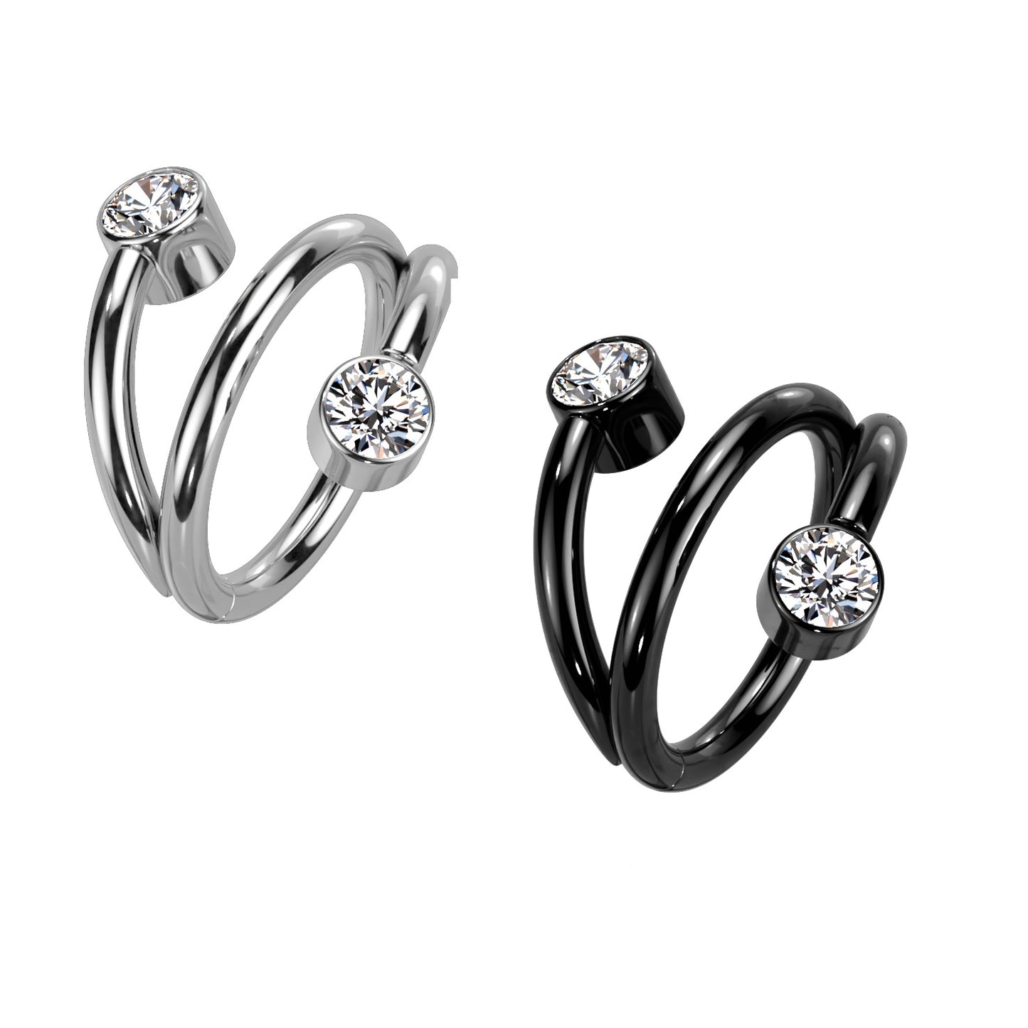 Titanium hinged segment ring with a triple-look hoop and 2 cubic zirconia gems. Great for septum, daith, rook, helix, tragus.  Ti-6AL4V-ELi ASTM F-136  *IMPLANT GRADE   Available in 2 different diameters, 8mm or 10mm in silver or black..