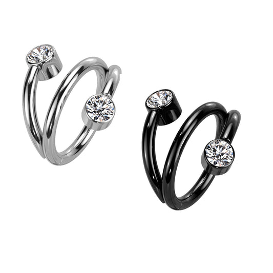 Titanium hinged segment ring with a triple-look hoop and 2 cubic zirconia gems. Great for septum, daith, rook, helix, tragus.  Ti-6AL4V-ELi ASTM F-136  *IMPLANT GRADE   Available in 2 different diameters, 8mm or 10mm in silver or black..