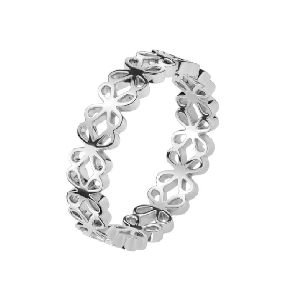 Stainless steel ring featuring a four-leaf or daisy flower cut-out design.