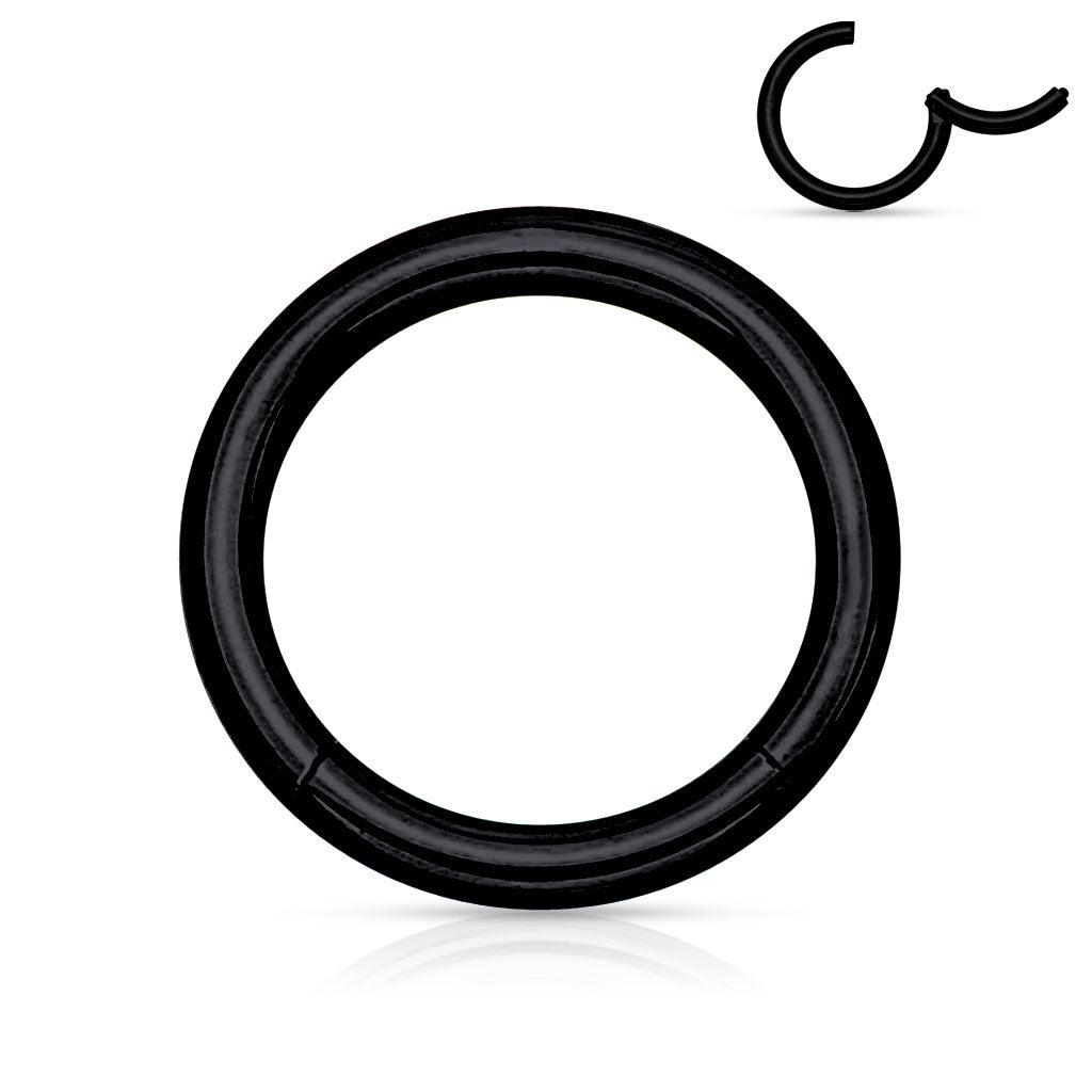A black surgical steel hinged segment ring for piercings.