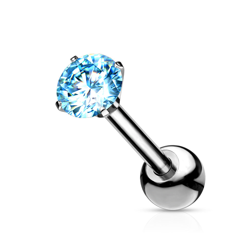 A blue coloured prong set zirconia labret cartilage stud